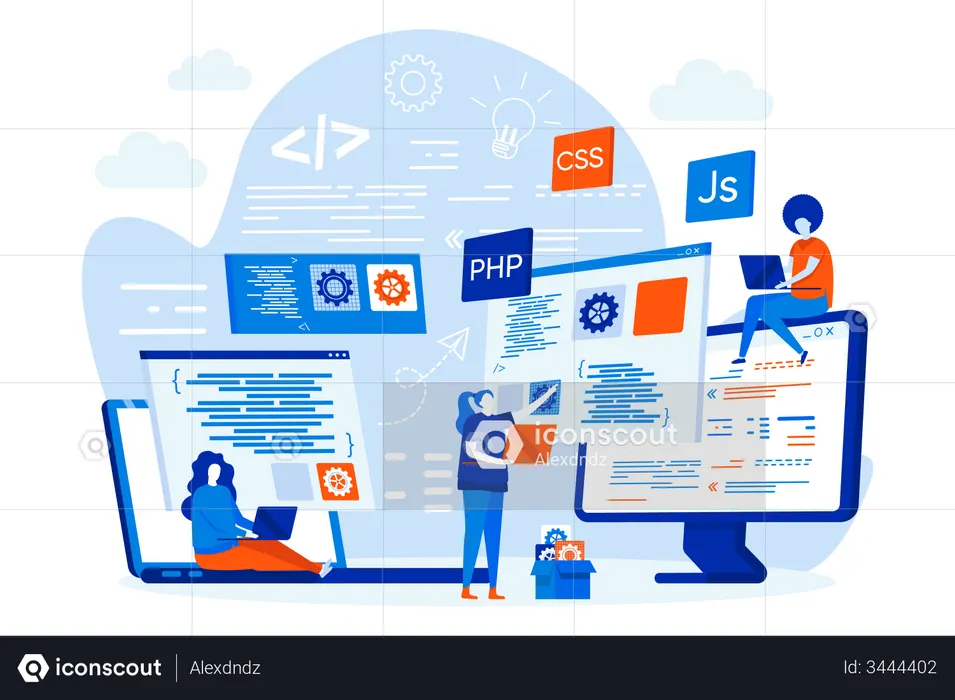 Students doing online programming course  Illustration