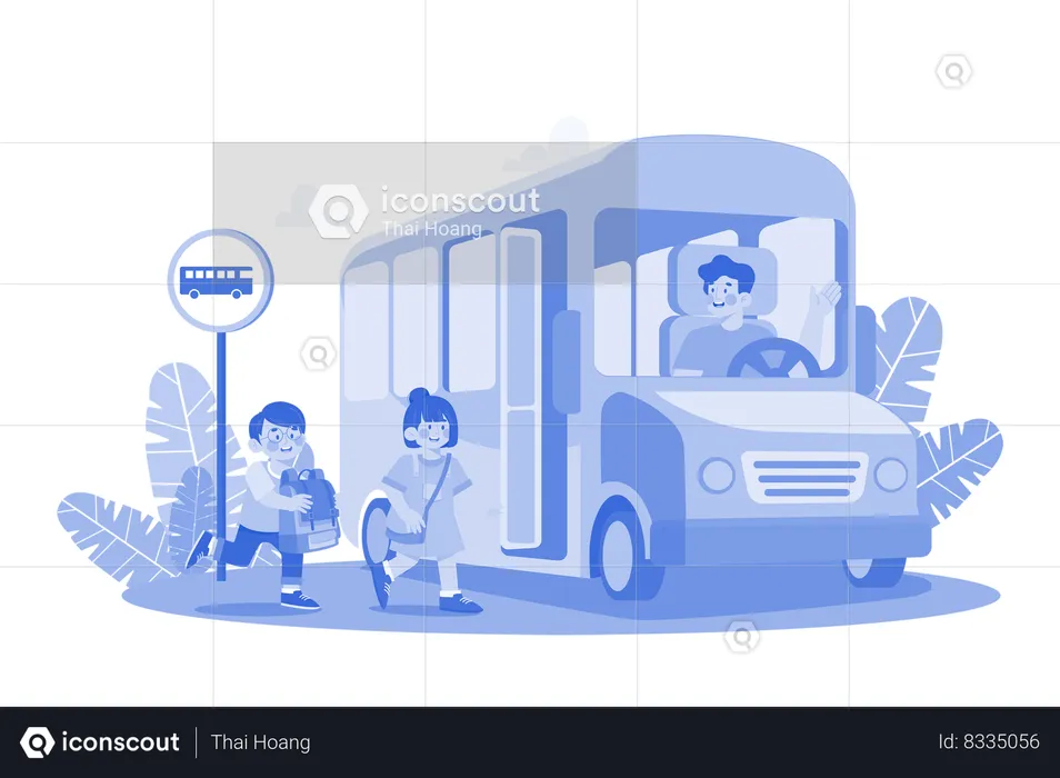 Students Go To School By School Bus  Illustration