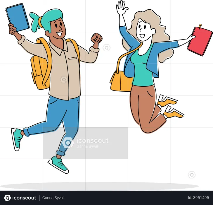 Students Jumping with Notebooks  Illustration