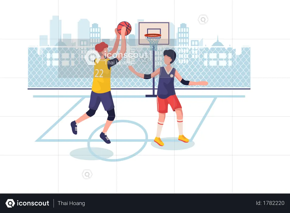 Students playing basketball at ground  Illustration