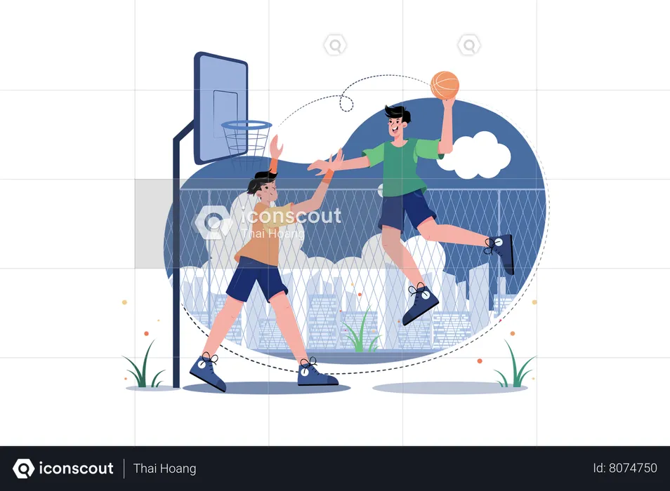 Students Playing Basketball On The Ground  Illustration