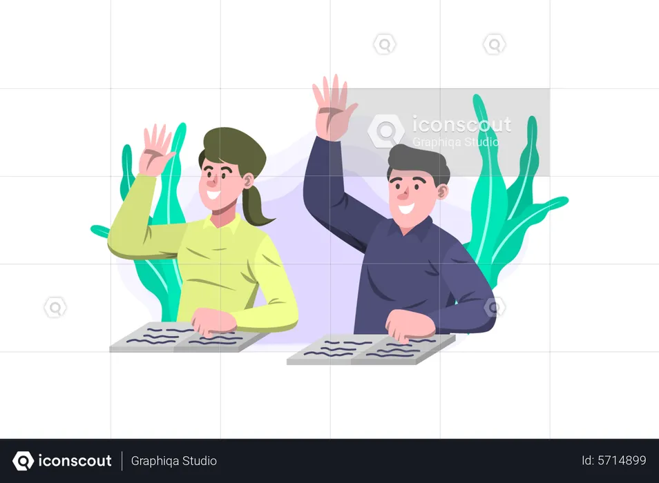 Students raising hand in classroom  Illustration