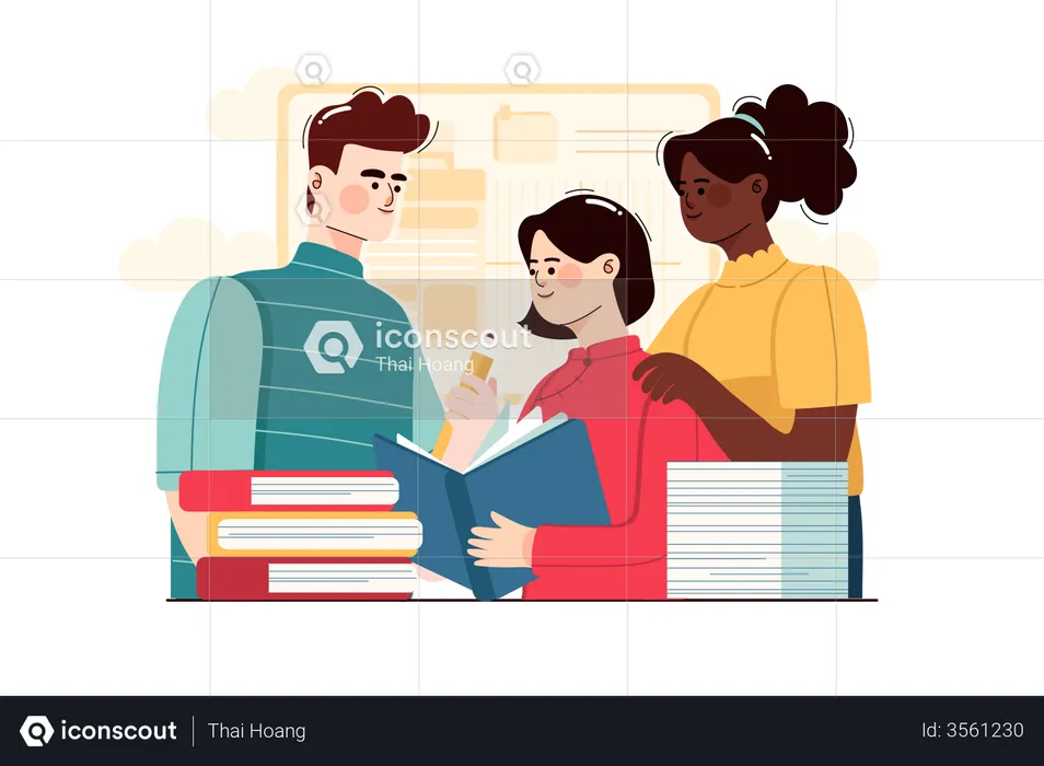 Students reading a book together  Illustration