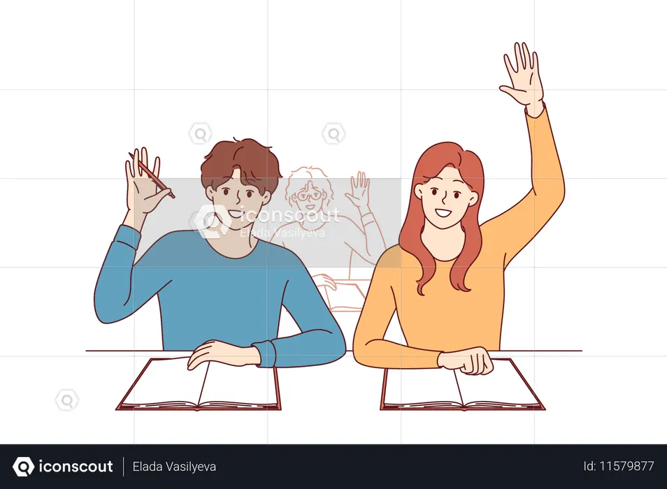 Students receive education sitting at desks at university and raising hands up  Illustration