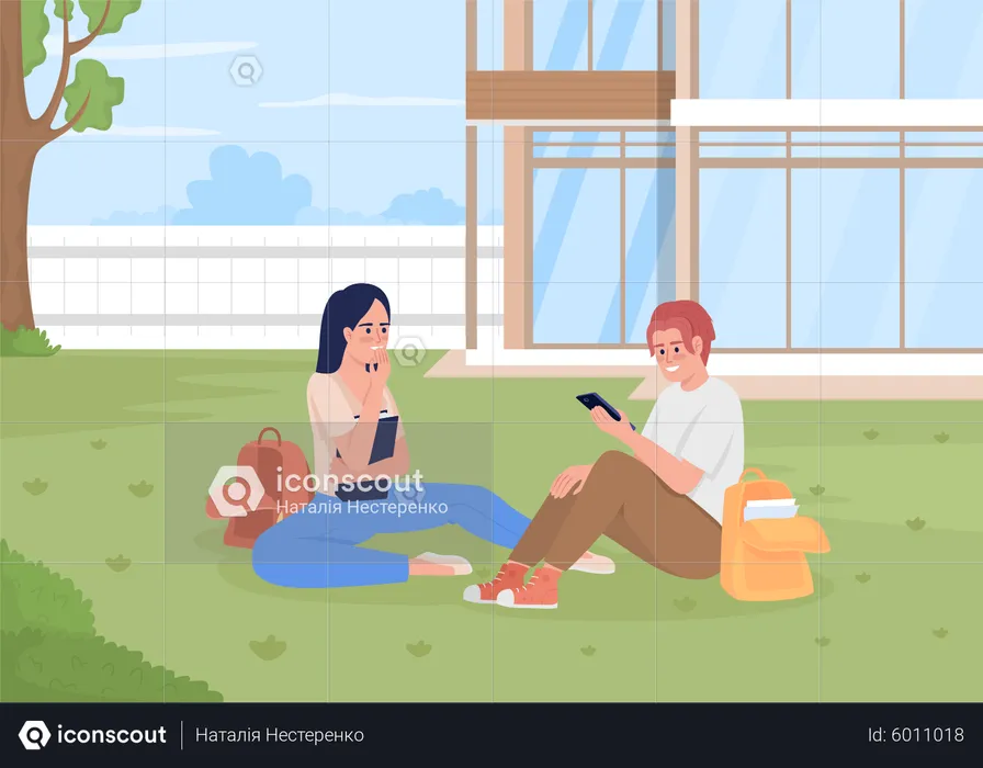 Students resting on lawn  Illustration