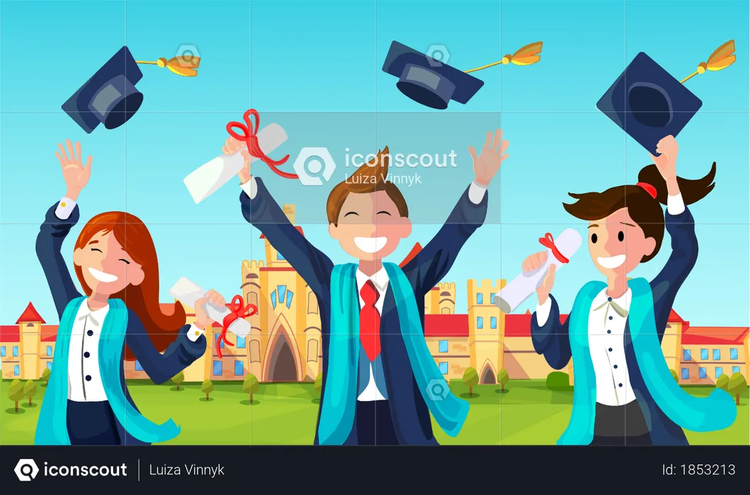 Students with Congratulations Throwing Graduation Hats in Air Celebrating  Illustration
