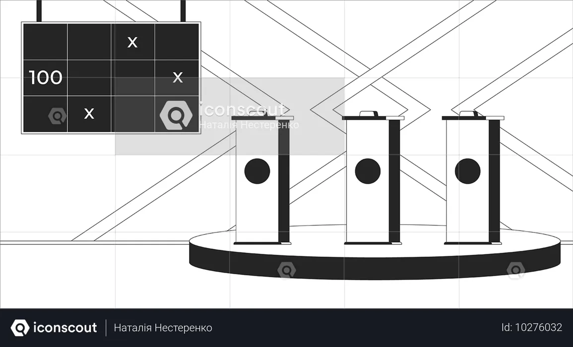 Studio de jeu télévisé avec buzzers et affichage des scores  Illustration