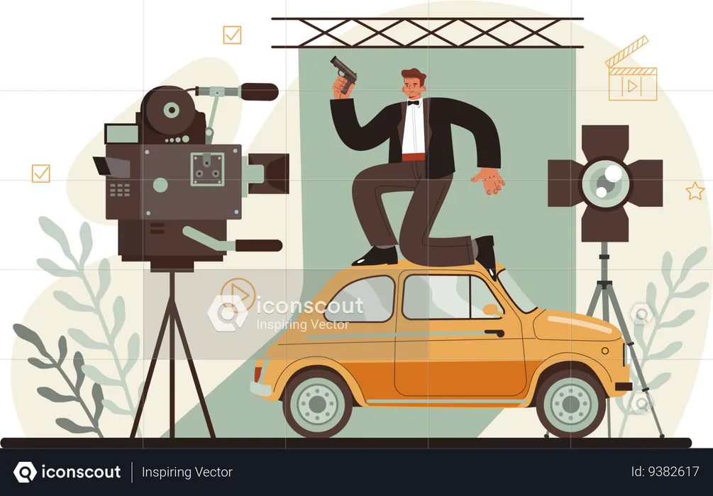Stuntman on car for action movie  Illustration
