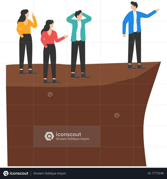 Stupid boss manager pointing order employees to jump off cliff  Illustration