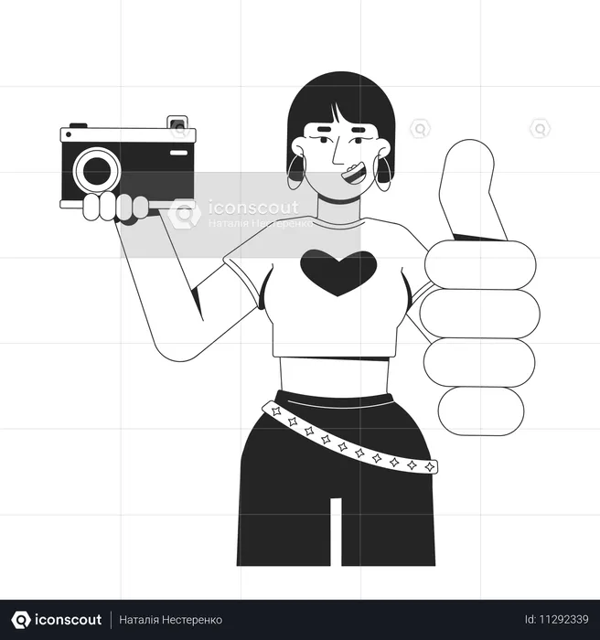 Stylish asian girl holding retro camera and thumb up gesture  Illustration