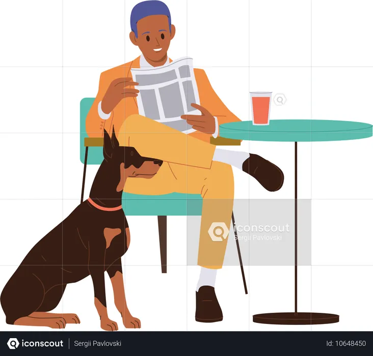 Stylish businessman with dog animal visiting pet friendly cafe  Illustration