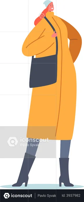 Stylish Girl Wearing Winter Outfit Long Yellow Coat  Illustration