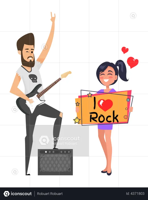 Stylish guitarist and happy young girl fan  Illustration