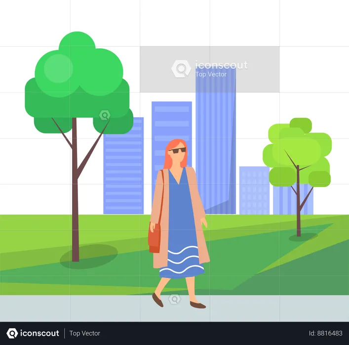 Stylish woman goes for walk in garden  Illustration