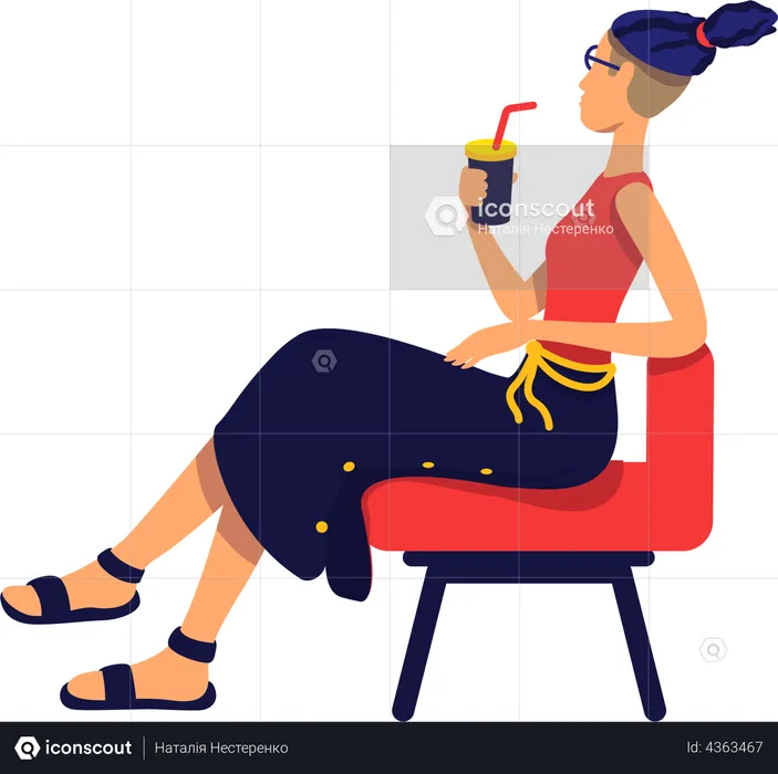 Stylish woman with cocktail beverage sitting on chair  Illustration