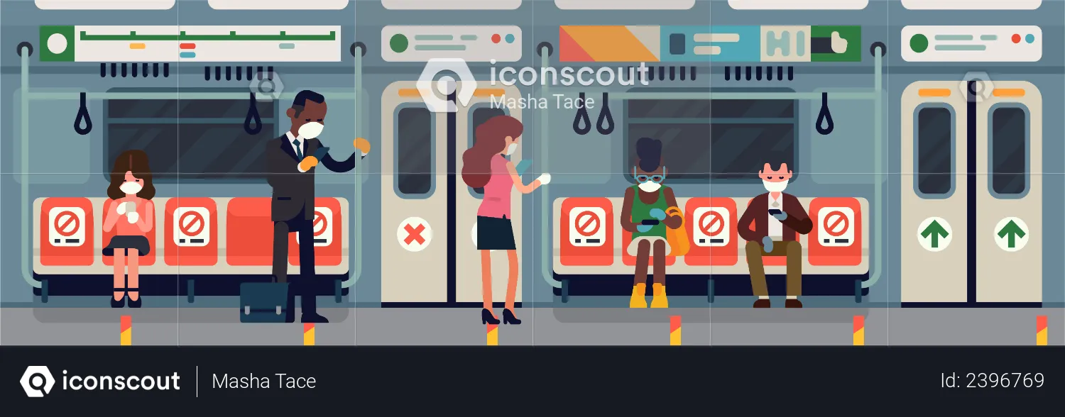 Subway commuters during coronavirus pandemic safety measures campaign  Illustration