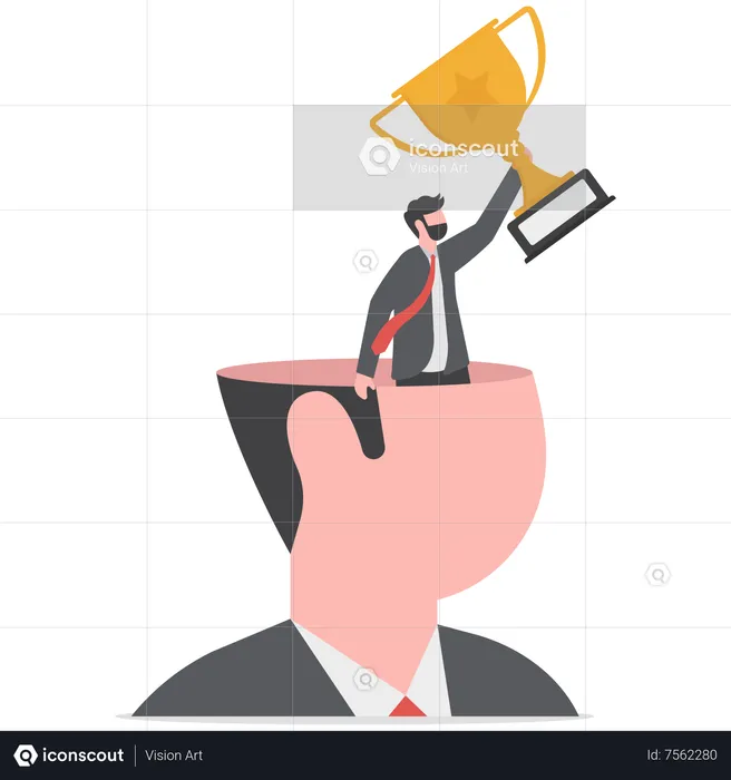 Success businessman holding winning trophy standing in his mindset head  Illustration