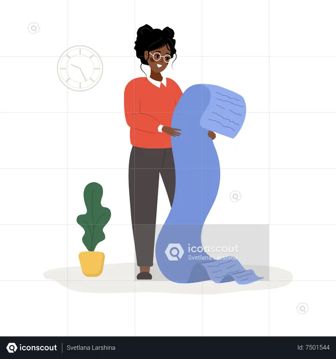 Successful african woman with big check checks expenses  Illustration