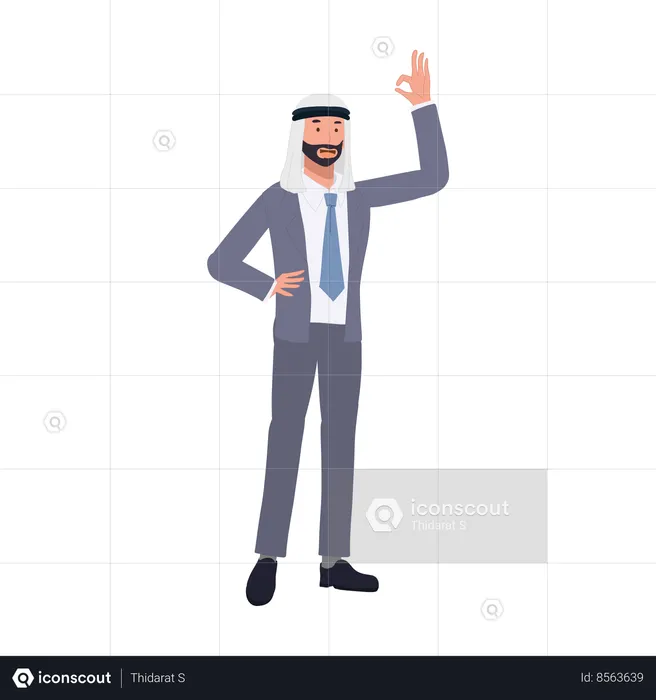 Successful Arab Ethnic Businessman Showing Positive OK Hand Sign for Corporate Success  Illustration
