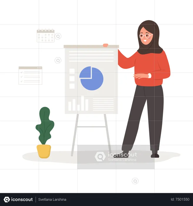 Successful arab woman presenting research report and develops strategy for progress  Illustration