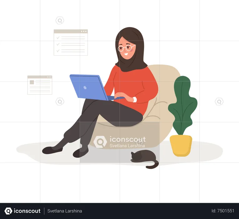 Successful arab woman sits with laptop and solves work issues  Illustration