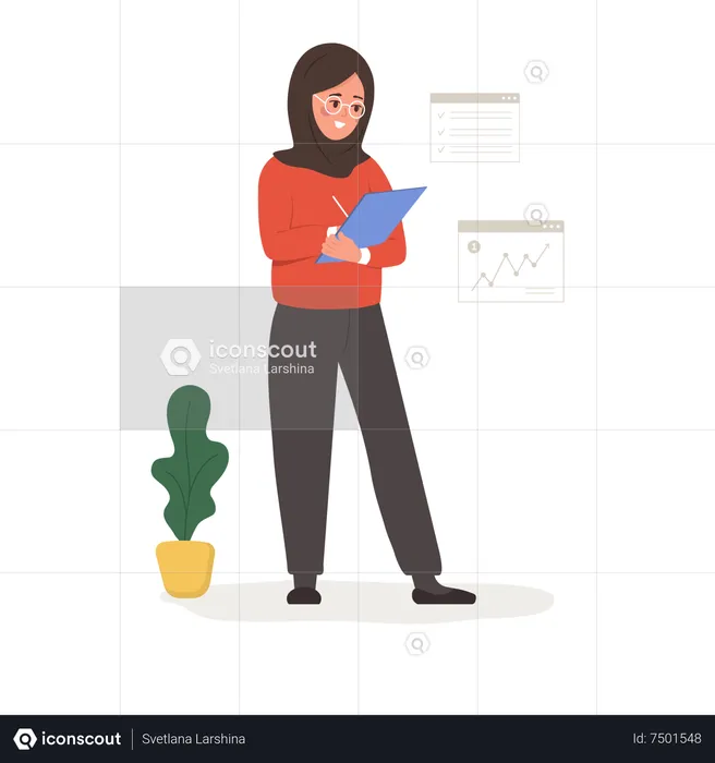 Successful arab woman standing with tablet in hands  Illustration
