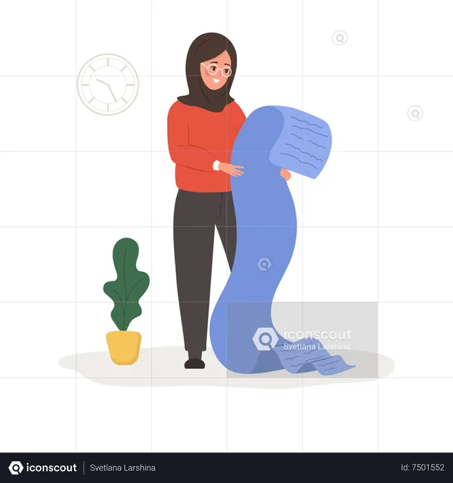 Successful arab woman with big check checks expenses  Illustration