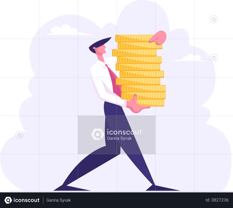 Successful Business Man Carry Stack of Gold Coins  Illustration