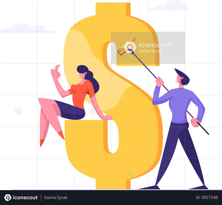 Successful Business Man Painting Dollar Sign and Woman Watching Process  Illustration