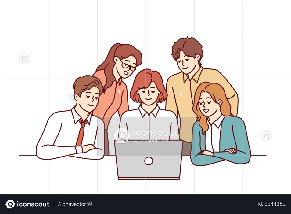 Successful business team looks at laptop  Illustration