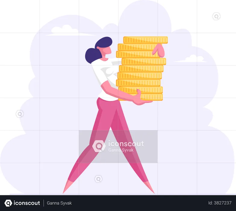 Successful Business Woman Carry Stack of Gold Coins  Illustration
