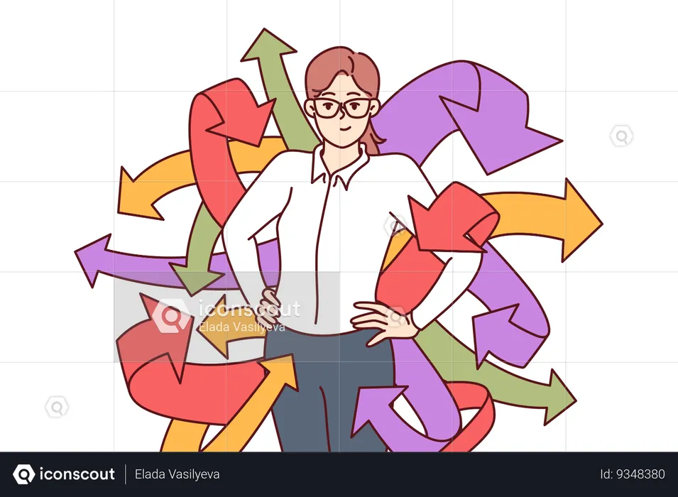 Successful business woman with arrows symbolizing many social connections or ability to multitask  Illustration