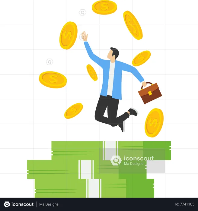 Successful businessman happy and jumping on pile of money  Illustration