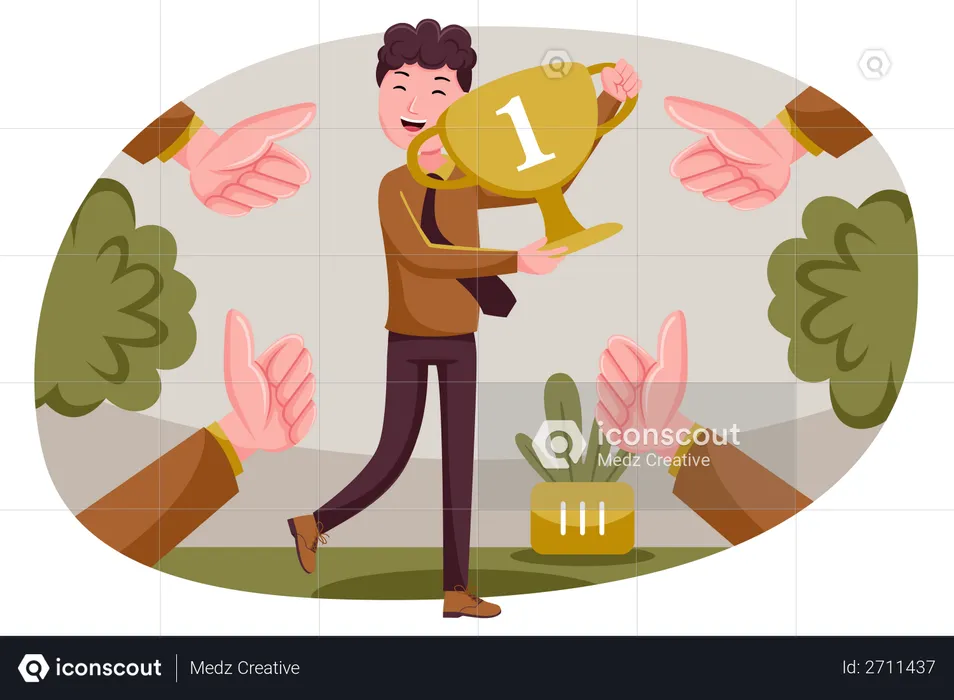 Successful businessman holding trophy  Illustration