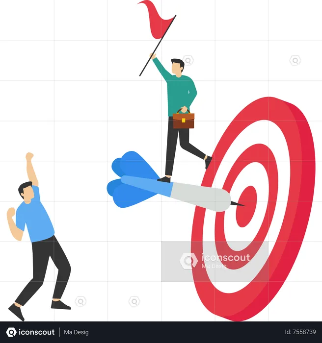 Successful businessman holding winner flag on arrow hitting bullseye target  Illustration