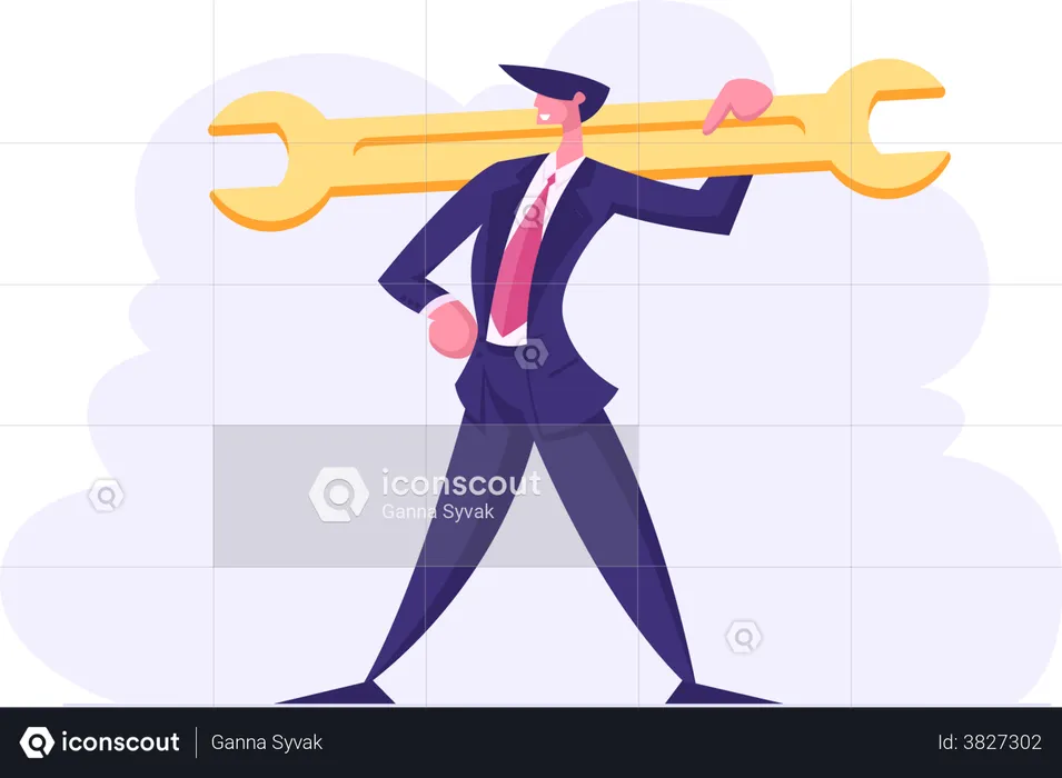 Successful Businessman Holding Wrench  Illustration