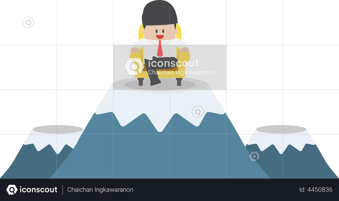 Successful businessman is sitting on sofa at mountain peak  Illustration