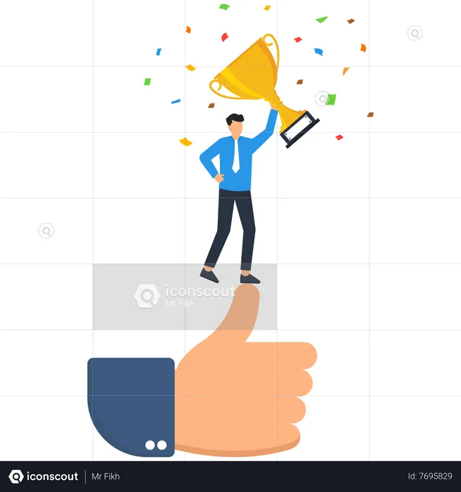Successful businessman manager celebrating employee award on big thumb up  Illustration
