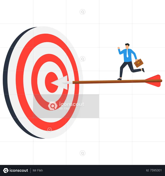 Successful businessman on dart hitting bullseye target  Illustration