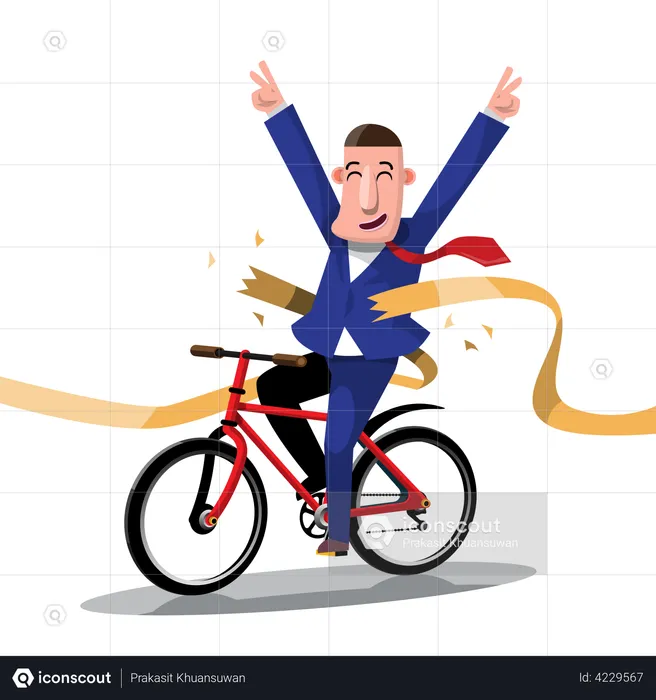 Successful businessman ride bicycles to the finish line  Illustration