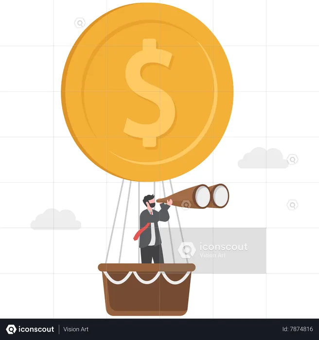 Successful businessman sees with  telescope and flies  hot air balloon with coin  Illustration