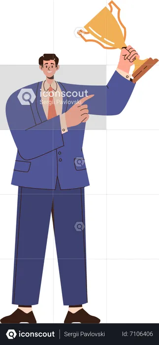 Successful businessman smiling and pointing at award goblet cup in hand  Illustration