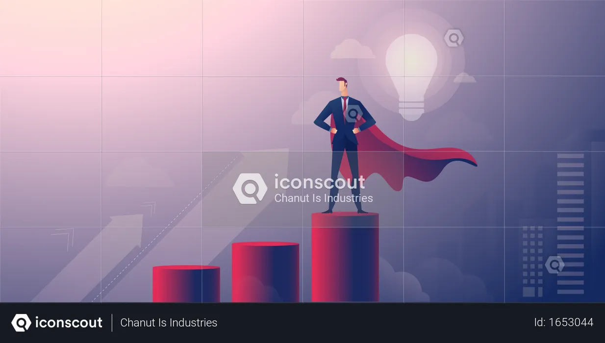 Successful businessman standing on giant bar chart  Illustration