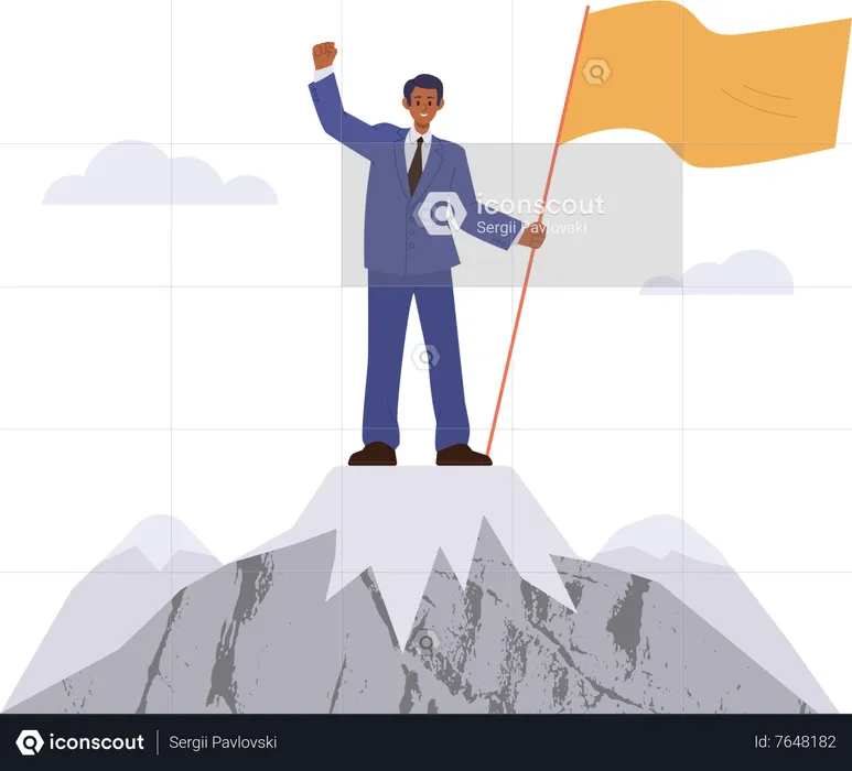 Successful businessman standing on mountain top with flag  Illustration