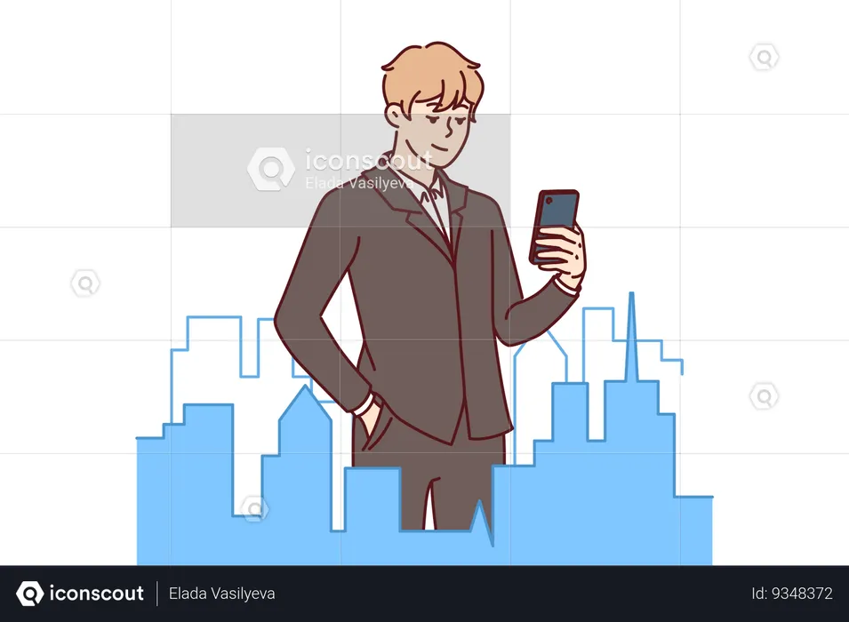 Successful businessman stands in downtown with miniature buildings and holds mobile phone  Illustration