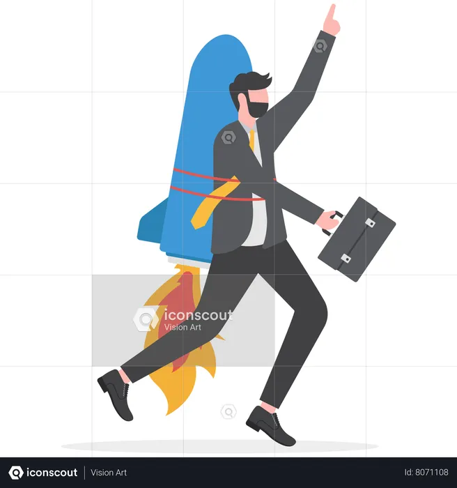 Successful businessman with firework booster starting to fly  Illustration