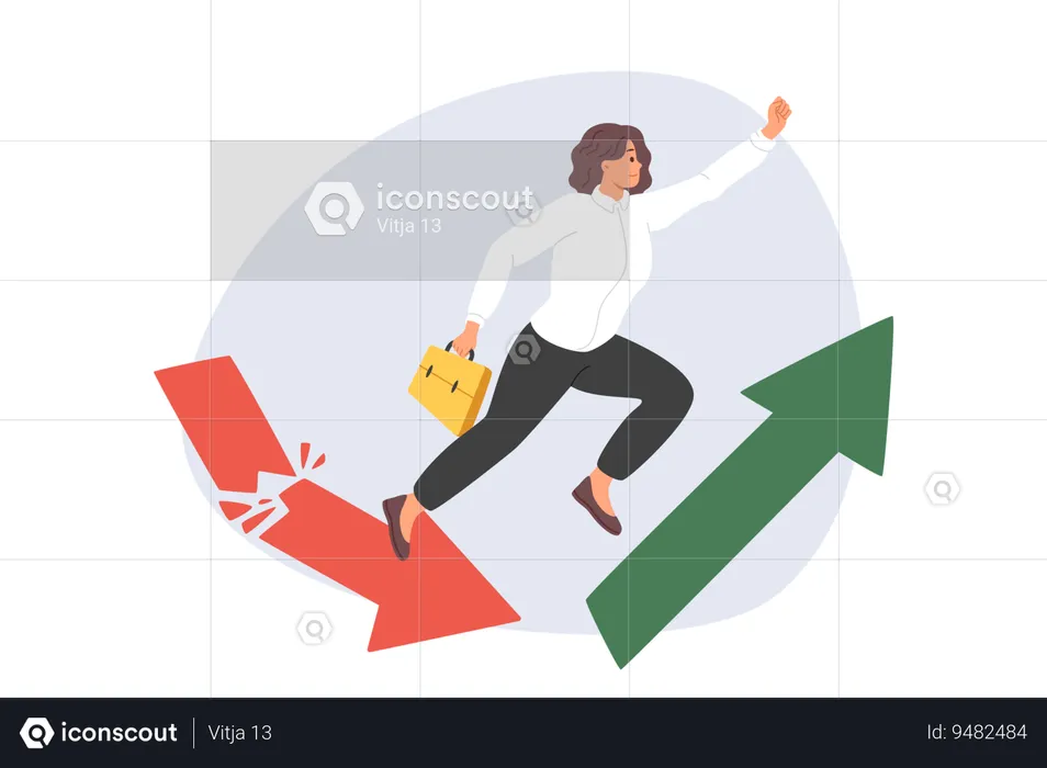 Successful businesswoman performs superhero jump improving company financial performance  Illustration