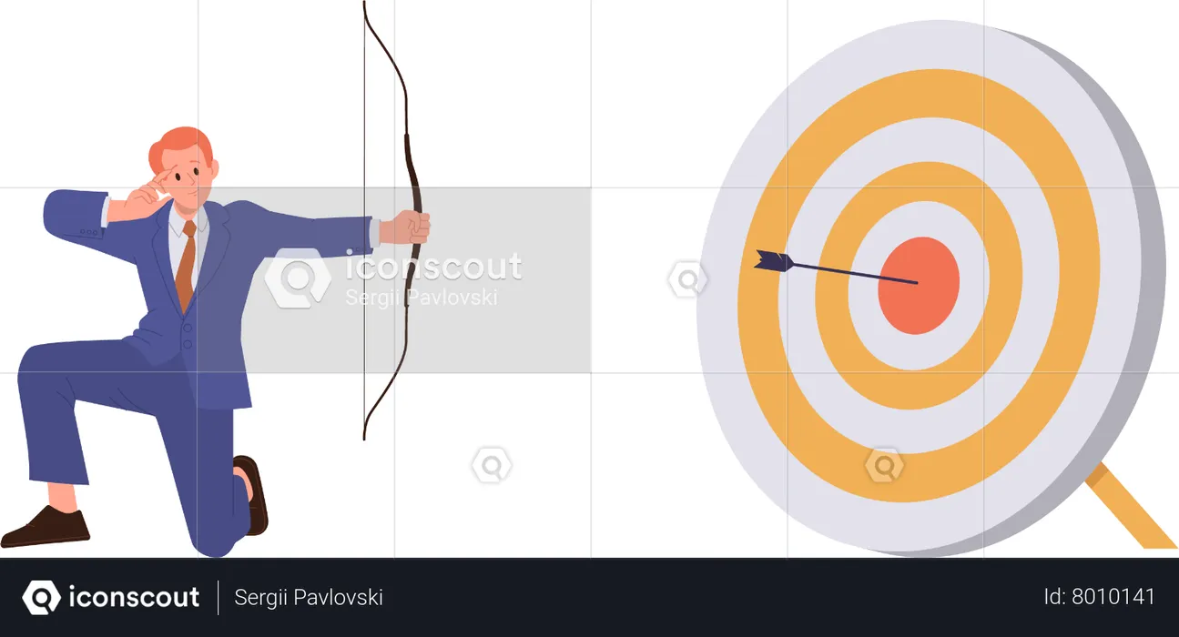 Successful confident businessman hitting bullseye target winning business challenge  Illustration