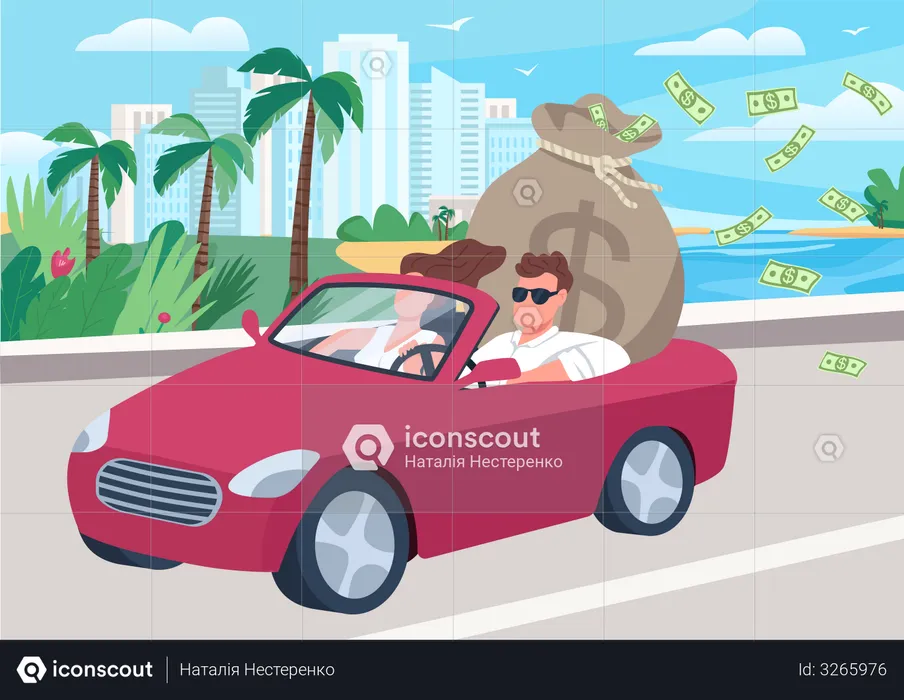 Successful man in car with money bag  Illustration