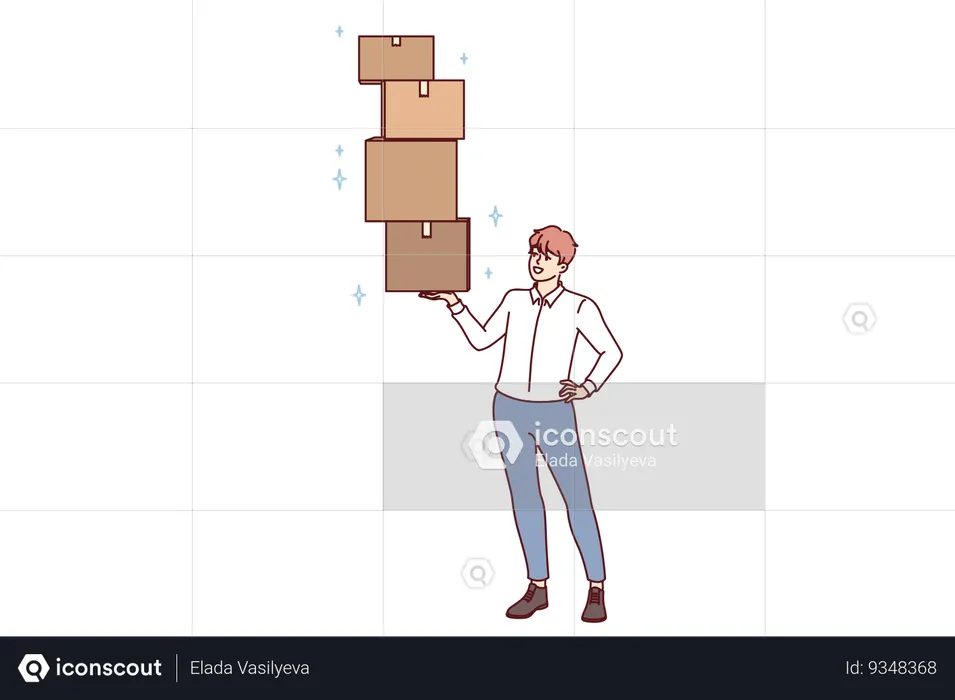 Successful man lifts several boxes with ease demonstrating professional skills in fulfillment  Illustration